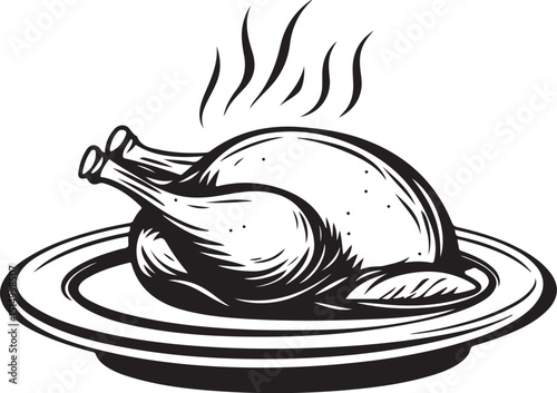 Line drawing of a roasted chicken on a platter with garnish perfect for a restaurant menu silhouette Vector Design art illustration