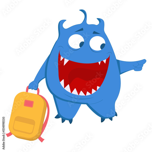 A cheerful blue cartoon monster with sharp teeth, holding a yellow backpack and pointing, on a white background.