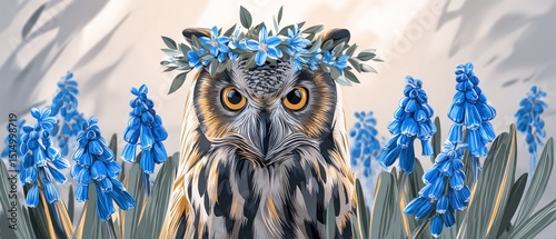 Owl with flower crown in springtime