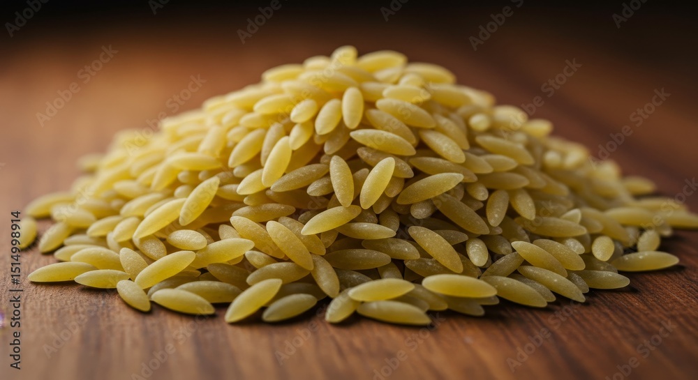 Obraz premium Risoni Pasta Pile on Wood - A mound of pale yellow risoni pasta rests on a dark brown wooden surface. This symbolizes cooking, Italian cuisine, food ingredients, healthy eating, and culinary arts