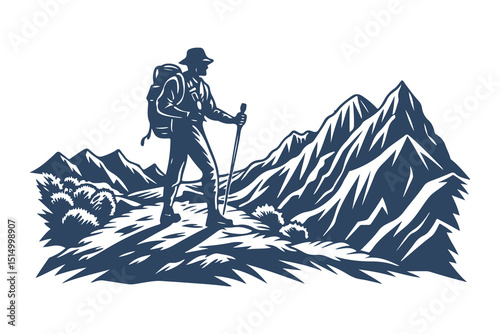 Hiker with Backpack and Walking Stick Admiring Mountain Landscape. Vintage Outdoor Adventure Silhouette Illustration