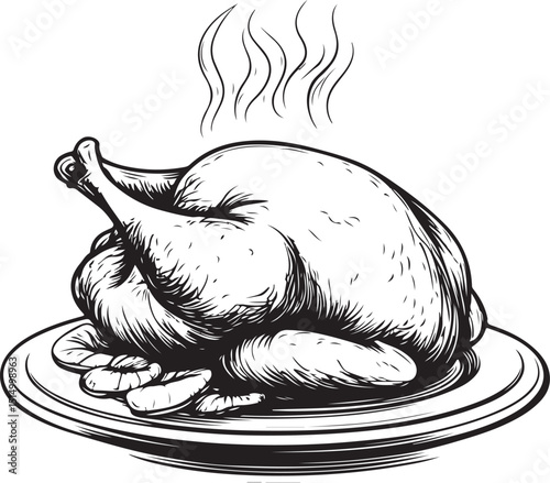 Line drawing of a roasted chicken on a platter with garnish perfect for a restaurant menu silhouette Vector Design art illustration