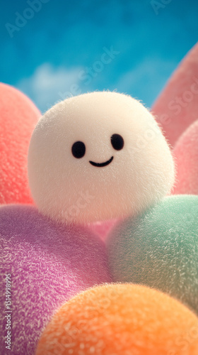 Cute fluffy character surrounded by colorful pastel spheres in a bright and cheerful setting