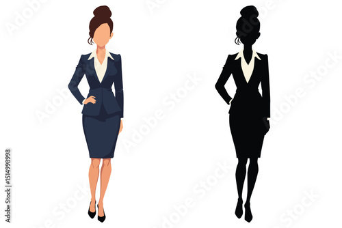 Businesswoman with black hair in a bun, wearing a dark blue skirt suit and black high heels. Includes full color version and silhouette version.on white background.