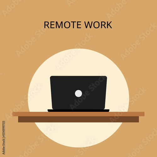 Remote Work Illustration: A modern workspace with a sleek laptop on a minimalist desk, symbolizing the essence of working remotely in a clean, vector-style image.