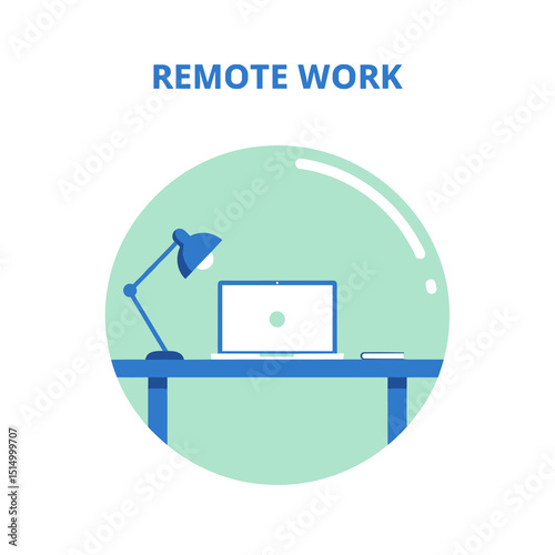 Remote Work: Modern Workspace Graphic in a bubble showing a laptop and a desk lamp, portraying flexibility in working condition