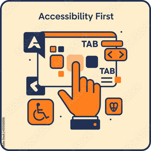 Digital Accessibility First: An illustration showcasing the core values of digital inclusion, highlighting key elements such as accessibility tools, assistive technology.