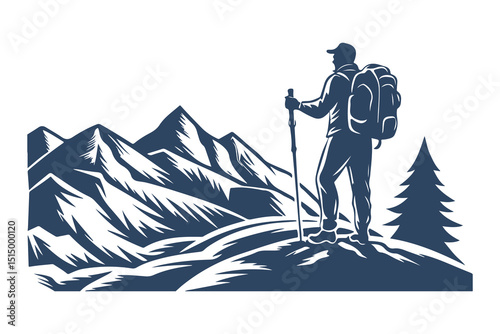 Hiker with Backpack and Walking Stick Admiring Mountain Landscape. Vintage Outdoor Adventure Silhouette Illustration