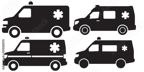 set of black VECTOR VARIOUS STYLE ambulance icon silhouette 