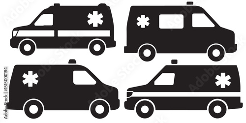 set of black VECTOR VARIOUS STYLE ambulance icon silhouette 