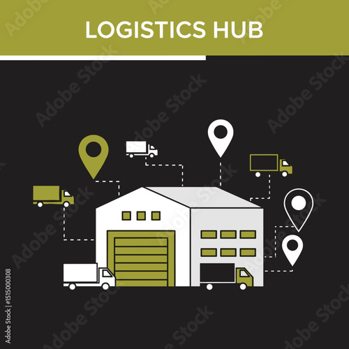 Logistics Hub Graphic: A simplified graphic illustration of a logistics hub, depicting a warehouse with delivery trucks and location markers illustrating the transportation and distribution process. 