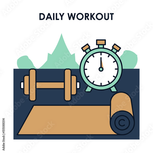 Daily Workout Essential: Graphic illustration of fitness essentials including dumbbell, timer, and exercise mat, set against a motivational "Daily Workout" banner.