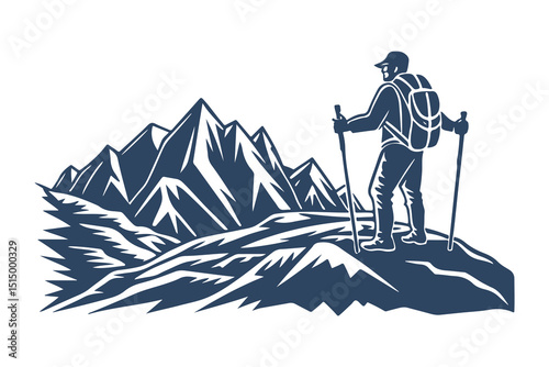 Hiker with Backpack and Walking Stick Admiring Mountain Landscape. Vintage Outdoor Adventure Silhouette Illustration