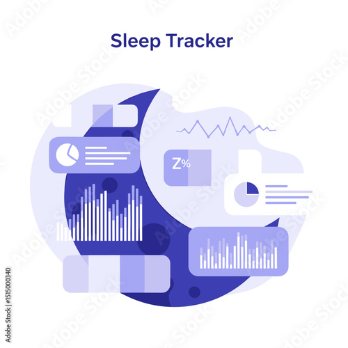 Sleep Tracker App UI: A modern and clean illustration of a sleep tracker app user interface, featuring a crescent moon icon, various data charts and graphs, representing sleep quality and patterns.