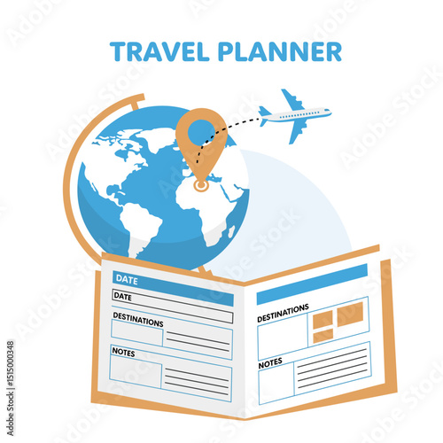 Travel Planner: A graphic showcasing a world globe, a travel itinerary, and an airplane to symbolize global travel and itinerary planning. 
