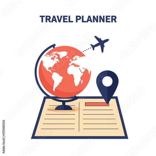 Travel Planner Illustration: A vibrant illustration of travel planning featuring a globe, a pinpoint, an airplane, and a book, set against a clean background, all ready for travel adventure.