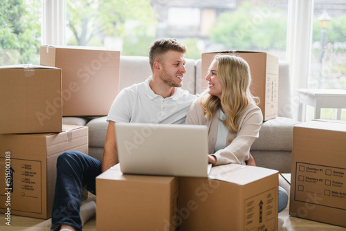 Young couple moving in new home. Couple is having fun with cardboard boxes in new house at moving day.