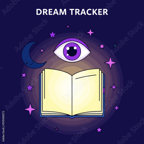 Dream Tracker: An inviting illustration of an open book under a cosmic eye, surrounded by a crescent moon and twinkling stars, set against a dark and mysterious backdrop.