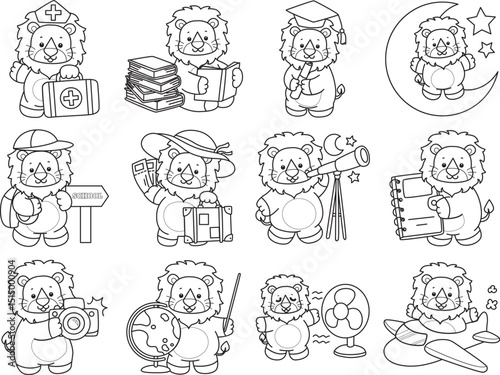 Coloring book of Cute Lion icon. Outline of Funny baby Lion animal series stock illustration. life of fluffy Lion designs.
