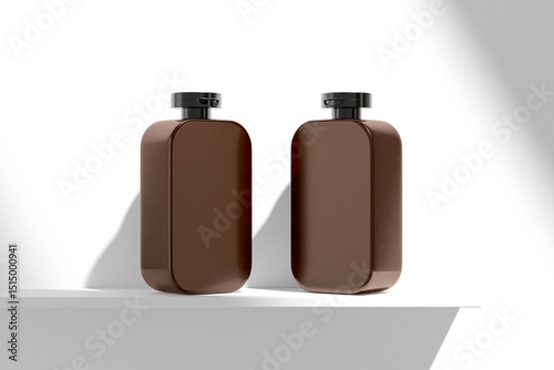 Amber glass cubic shape bottle mockup, flipcap square water bottle packaging, tall ractangular shape PET bottle, modern personal care product packaging, UV protective liquid container mockup