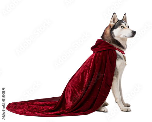 A majestic husky sitting regally wearing a long red velvet cape with a hood looking to the right photo