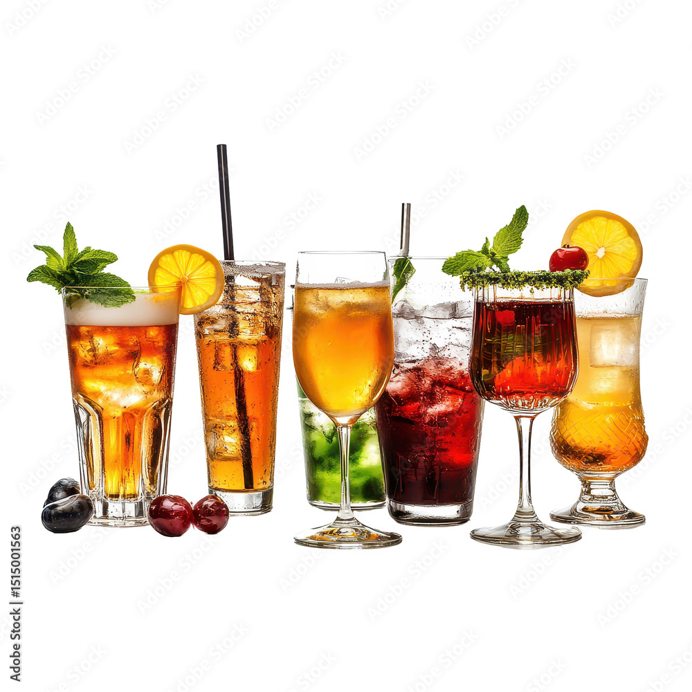 Fototapeta premium Colorful assortment of refreshing cocktails displayed on a white backdrop during a summer gathering
