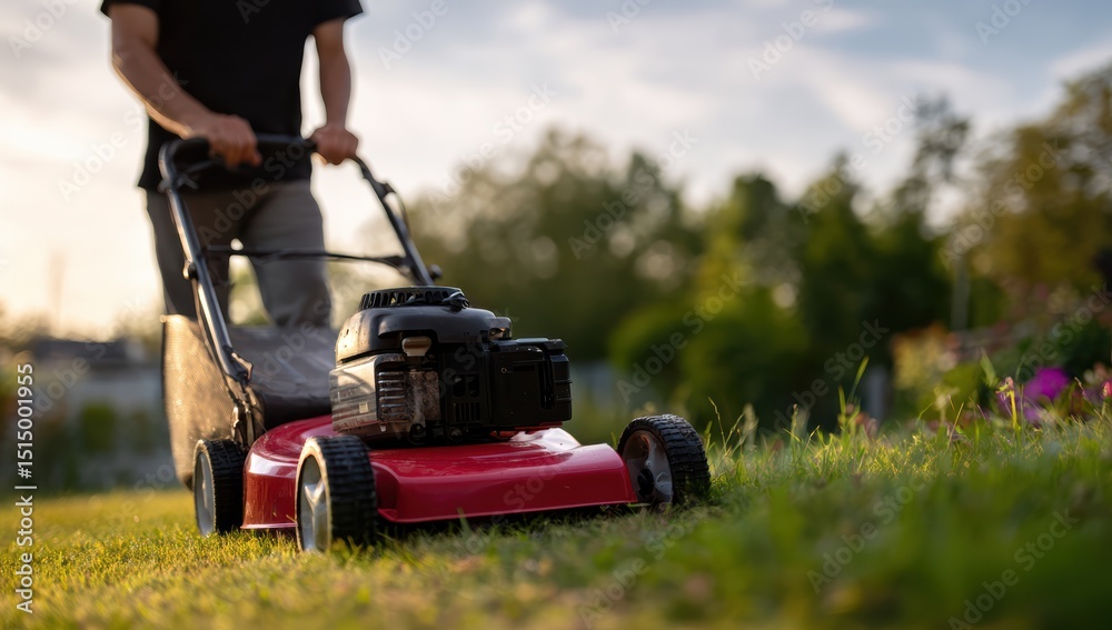 Fototapeta premium Person is mowing lawn with red lawn mower in lush green garden during sunset, creating serene and productive atmosphere. scene captures essence of outdoor maintenance and beauty of nature