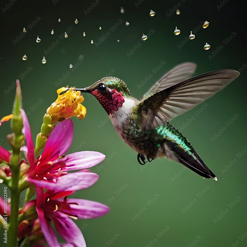 Obraz premium Vibrant Hummingbird Feeding on Colorful Flowers,