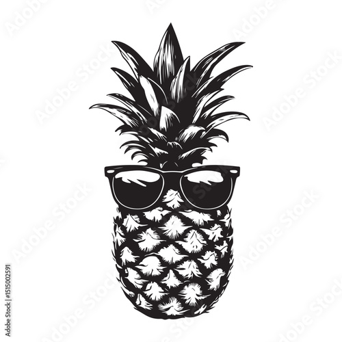A black and white pineapple wearing sunglasses silhouette Vector Design art illustration