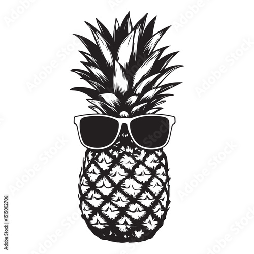 A black and white pineapple wearing sunglasses silhouette Vector Design art illustration