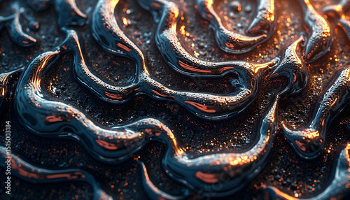 Abstract Shiny Dark Surface with Copper Flecks and Glossy Blue Waves