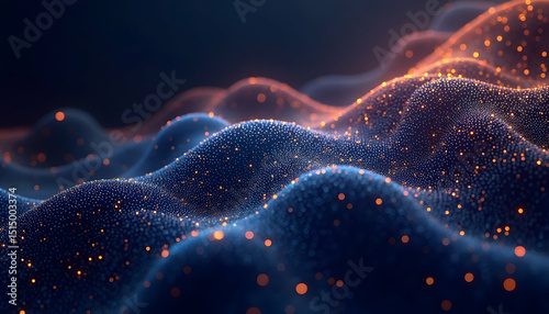 Abstract Wavy Surface with Glowing Particles in Blue and Orange