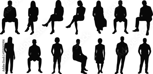 Vector silhouettes of seated men and women in relaxed poses, perfect for modern design, lifestyle illustration, and creative artwork use