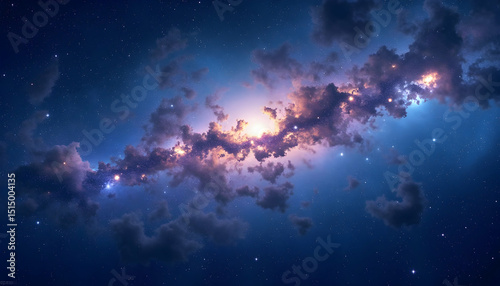 Dreamy Cloudscape with Golden Glow and Starlight on Deep Blue Sky