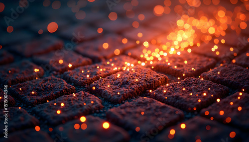 Cobblestone Pavement with Glowing Lights Abstract Backdrop