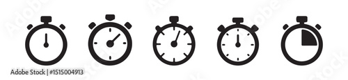 Set of Black Clock and Timer Icons in Circular Design – Vector Illustration
