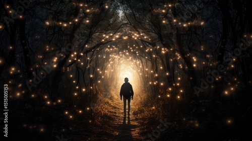 Sunlight pierces through the morning mist on a forest path, revealing a serene landscape of green trees and autumn woods, where a woman walks amidst the tranquil beauty of nature
