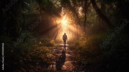 Sunlight pierces through the morning mist on a forest path, revealing a serene landscape of green trees and autumn woods, where a woman walks amidst the tranquil beauty of nature