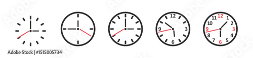 Set of Analog Wall Clocks Showing Different Times – Vector Illustration