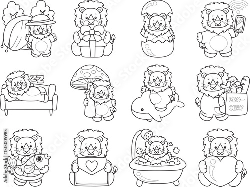 Coloring book of Cute Lion icon. Outline of Funny baby Lion animal series stock illustration. life of fluffy Lion designs.
