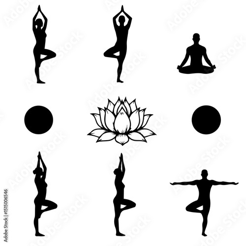 Yoga Poses and Symbols Silhouettes vector design