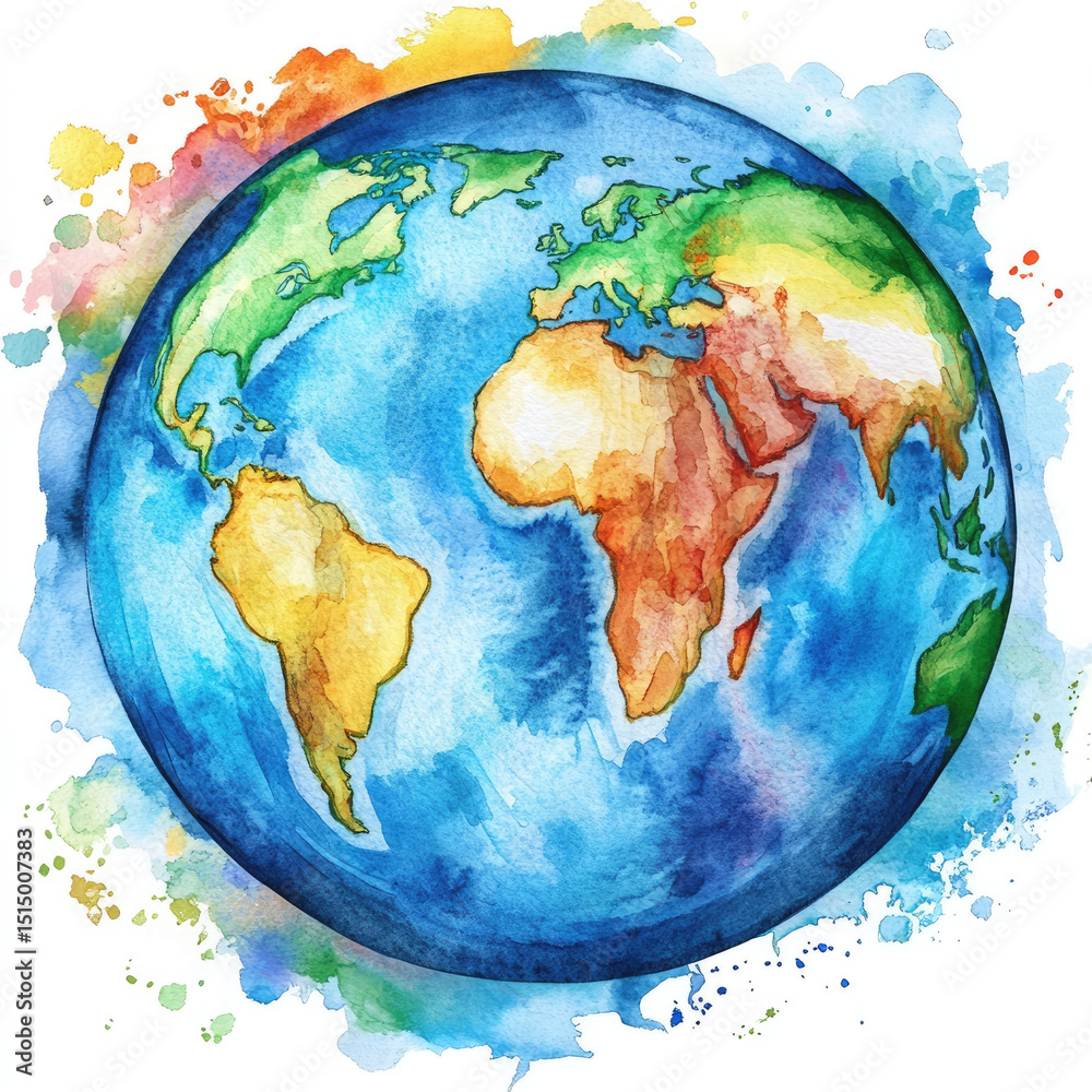 Fototapeta premium Beautiful watercolor illustration of Earth showcasing continents