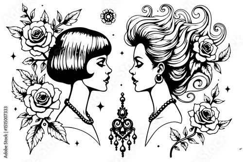 Gemini Twins with Roses Drawing tattoos design 