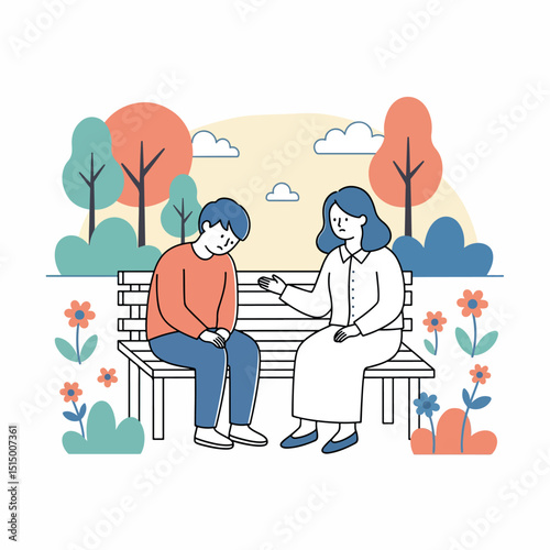 Simple Cartoon Illustration of Therapy and Emotional Support in Nature

