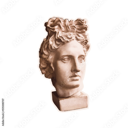 Trendy halftone collage of statue of Apollo's head cut out an of old newspaper. Isolated vector illustration colorful retro sticker with Dots texture. Vintage Pop art aesthetic, y2k vibe nostalgic