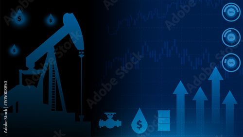 Oil pump and rising financial graphs on dark blue digital background