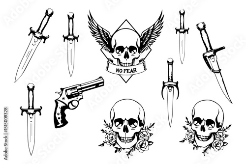Vintage Tattoo Skull Floral Design Collection bundle