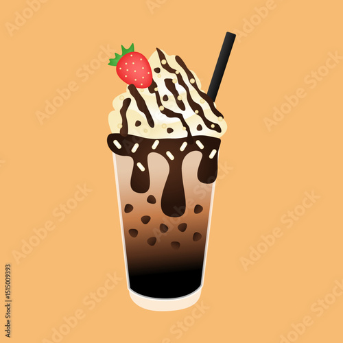 Illustration of a cold latte on a light brown background.
