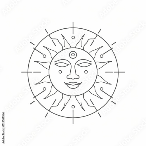 Sun God Minimalist Line Art: A serene sun god design in a minimalist line art style. Simple yet powerful, this graphic represents spiritual enlightenment and celestial energy. 