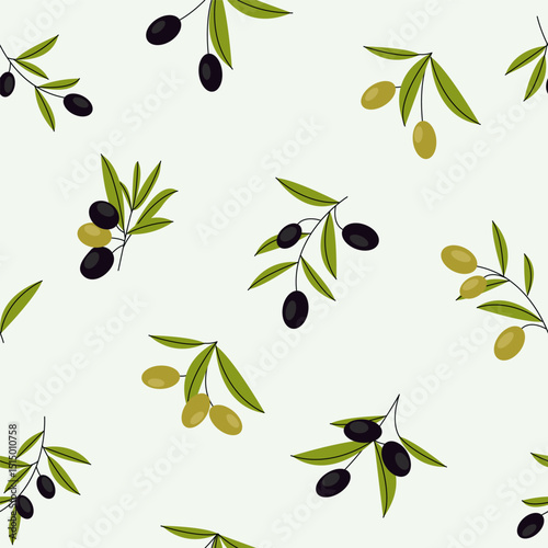  Seamless pattern with olive branches, olives,  rosemary branches. Mediterranean cuisine. Vector illustration
